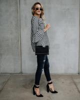 Camisa de manga acampanada con cuello redondo a cuadros de talla grande Fat Mm - details 2