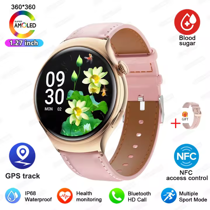 2024 nuevo Para   mini reloj inteligente mujer 360 * 360 amoled pantalla de alta definición NFC ip68 reloj inteligente de azúcar en sangre de frecuencia cardíaca impermeable,Reloj femenino mini de 1,27 pulgadas,Adecuado para Android e IOS - 1