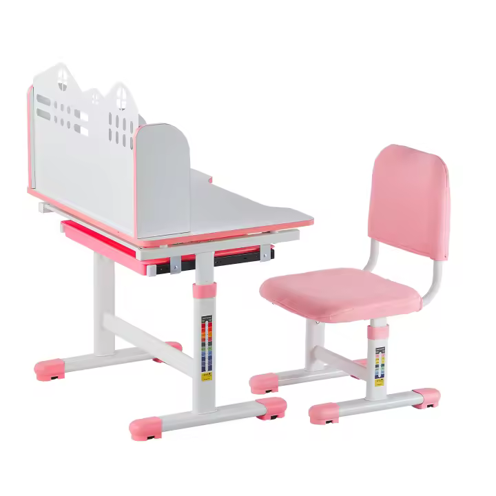 SucceBuy Juego de escritorio y silla de estudio para niños, escritorio de altura ajustable con estantería y cajón de almacenamiento, mesa de estudio para niños, rosa - 1
