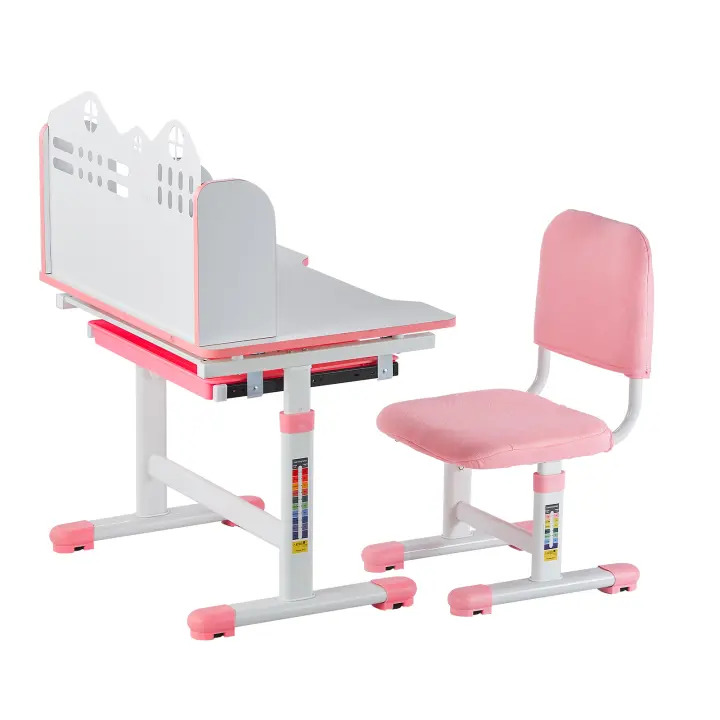 SucceBuy Juego de escritorio y silla de estudio para niños, escritorio de altura ajustable con estantería y cajón de almacenamiento, mesa de estudio para niños, rosa - 1