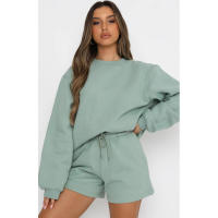 Wind Conjunto de pantalones cortos y sudadera con cuello redondo informal holgado de Color puro para mujer - details 11