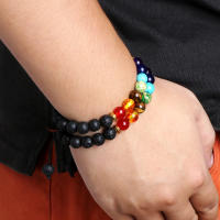 2 uds piedra Natural 7 Chakra curación con cuentas pulseras trenzadas ajustables hombres 8mm pulsera elástica de Lava mujeres Reiki joyería de Buda - details 13