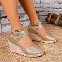Sandalias de cuña de paja para mujer, clásicas, con banda elástica, de verano, nuevas, sencillas, versátiles, cómodas, a la moda, con tacones altos. - details 4