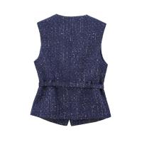 Chaleco de Lana Gruesa con Cinturón Cuello Redondo, Sin Mangas, Botón Frontal, Elegante Top para Mujeres Moda de Vestidos de Moda - details 3