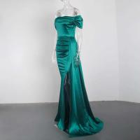 Vestido de dama de honor plisado de satén elástico, hombros descubiertos, vestido de noche formal, apertura frontal, hasta el suelo - details 2