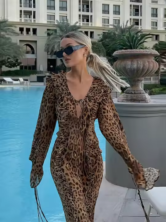 Vestido de mujer de manga larga con volantes y estampado de leopardo, escote en V profundo, sexy, a la moda - 1