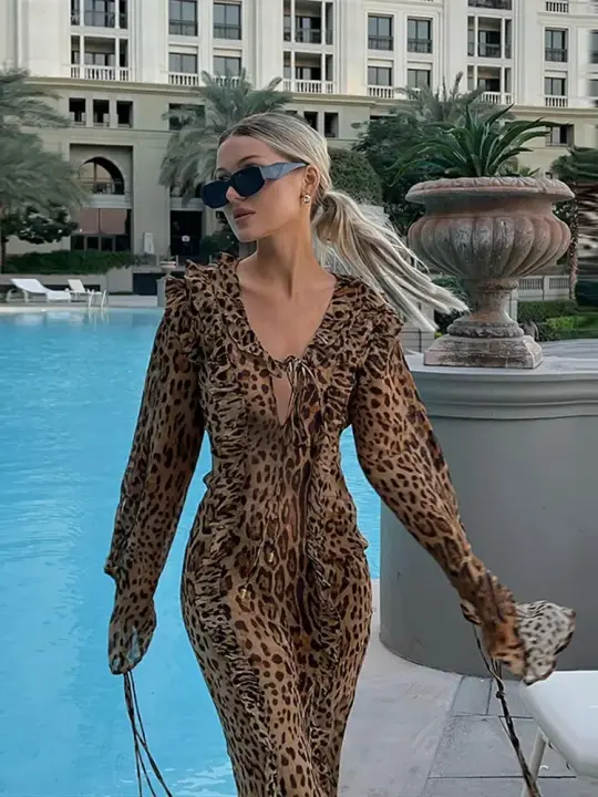 Vestido de mujer de manga larga con volantes y estampado de leopardo, escote en V profundo, sexy, a la moda - 1