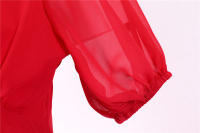 V neck women summer solid lantern short sleeve chiffon elegant vintage long party dress - details 30