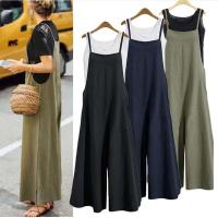 Mono sin mangas de verano para mujer, peto de pierna ancha liso, peto informal holgado de algodón con tirantes - details 0