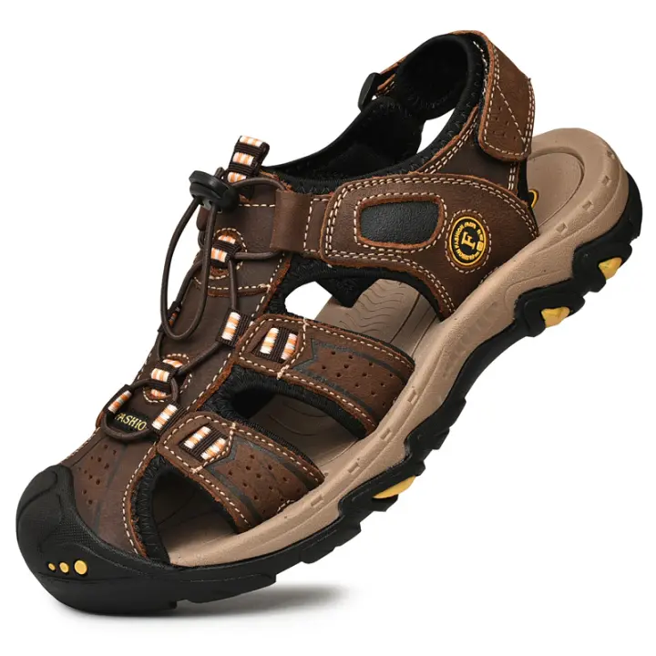 Sandalias de cuero genuino para hombre, zapatos de playa de piel de vaca transpirables, sandalias deportivas para senderismo al aire libre, sandalias romanas para hombre - 1