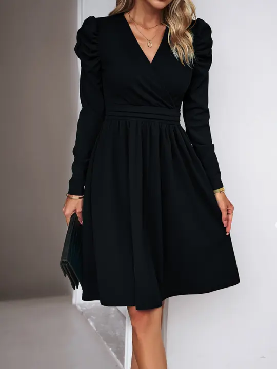 Vestido elegante de manga larga con cuello en V para mujer, ropa de calle de color sólido, moda VIE, Otoño/Invierno, 2023 - 1