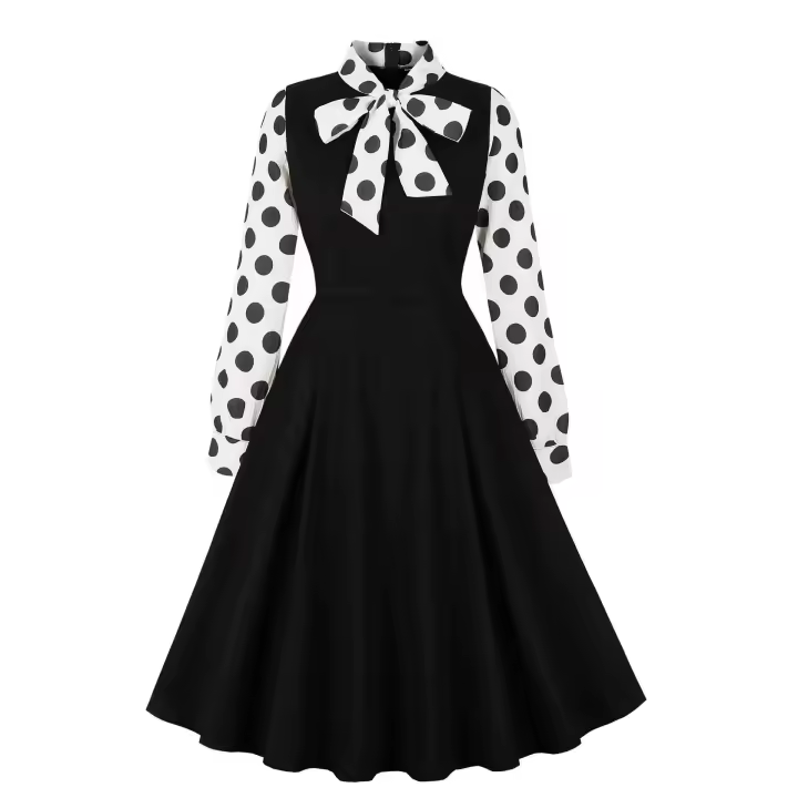 Elegante moda retro de verano - Otoño Hepburn mangas largas con lazo en el cuello, estilo rock sensual adecuado para mujeres - 1