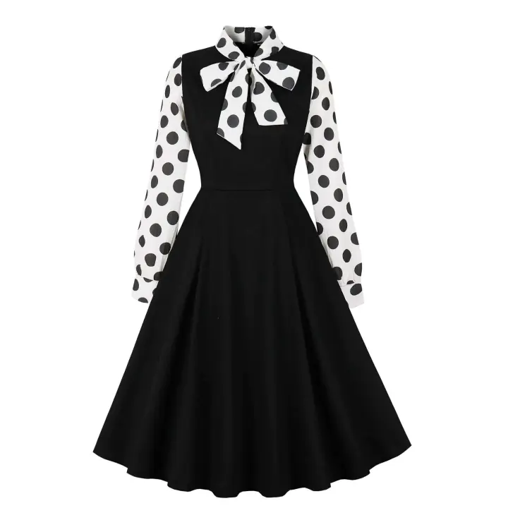Elegante moda retro de verano - Otoño Hepburn mangas largas con lazo en el cuello, estilo rock sensual adecuado para mujeres - 1
