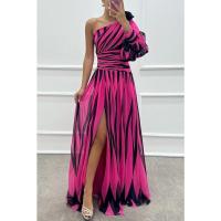 2025Vestido de fiesta de rayas para mujer, estampado inclinado, un hombro dividido, informal, suelto, cintura alta, moda Sexy - details 6