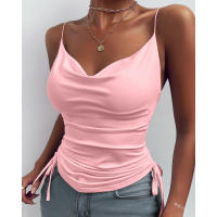 Top sin mangas con cuello drapeado y tirantes delgados para mujeresVCamisola sin mangas plisada de moda para el verano - details 8