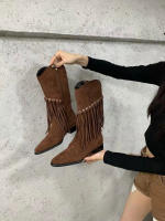 Maillard Botas vaqueras occidentales Botas cortas con flecos retro Botas medianas de tacón puntiagudo Botas ajustadas de otoño e invierno para mujer - details 2