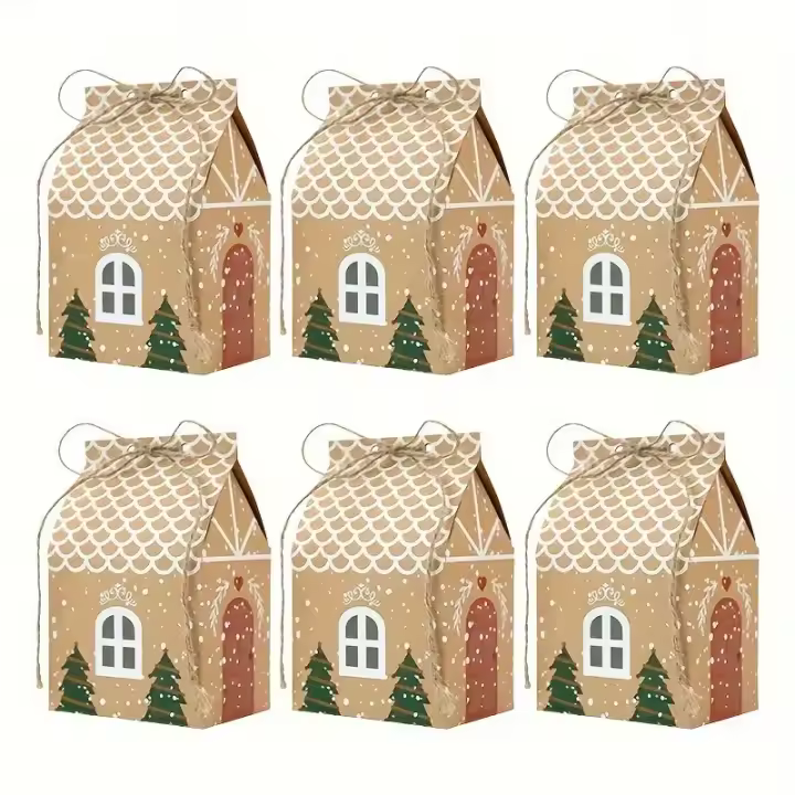 Cajas de Regalo de dulces de Papel kraft de Navidad con cuerdas, bolsas de regalo de fiesta de Casa de dibujos animados, 12 - 1