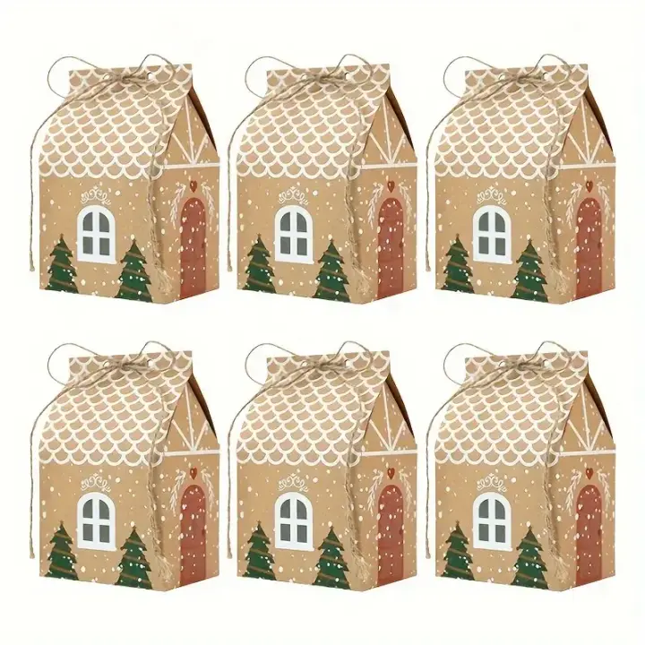 Cajas de Regalo de dulces de Papel kraft de Navidad con cuerdas, bolsas de regalo de fiesta de Casa de dibujos animados, 12 - 1