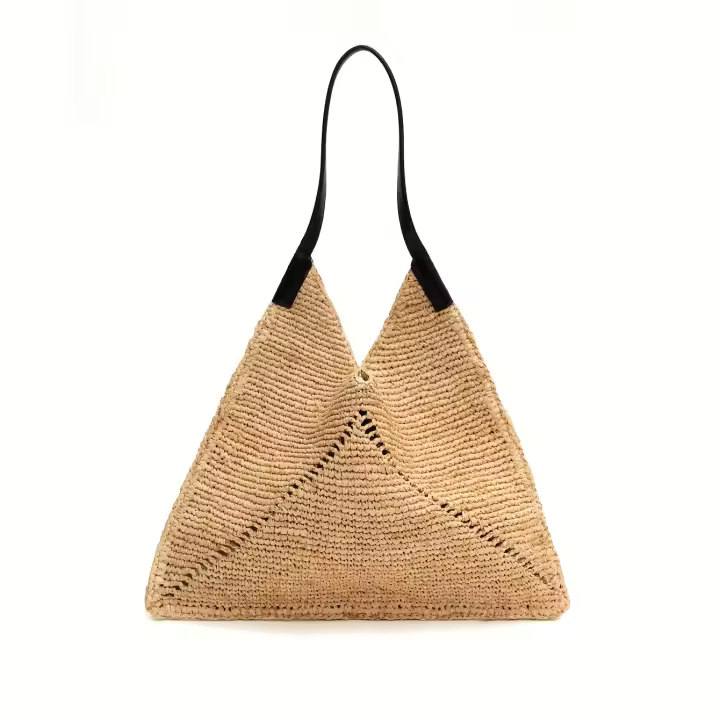 Bolso de Mano de Paja Tejido Triangular Grande Bolso de Verano Plegable y Espacioso con Acentos Negros y Marrón Ligero Perfecto para Playas, Vacaciones y Salidas Casuales - 1