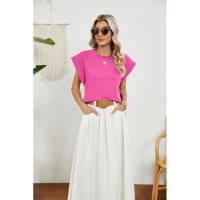 BUNO-2025 Tops para mujer, pantalón corto informal de moda de verano, camisetas básicas con textura a rayas de Color sólido y cuello redondo - details 56
