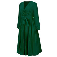 Vestidos largos informales para mujer, manga larga con cuello en V, cintura alta, Maxi, Verde - details 8