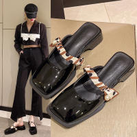 Francés grueso tacón bolsa cabeza zapatillas mujer verano desgaste 2025 nuevo tacón medio cabeza cuadrada media arrastre con falda perezoso muller zapatos - details 2