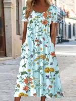 Vestido midi elegante con estampado floral para mujer, cintura alta, cuello redondo, línea a, Verano - details 5
