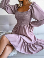 Vestido elegante de manga larga para mujer, falda de cuello cuadrado, de Color sólido vestido de volantes, moda de primavera y otoño - details 22