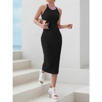 Vestido Bodycon Midi De Verano Para Mujer Cuello Halter Sólido Alta Cintura Slim Elegante Vestido De Oficina Sin Mangas Polyester - details 11