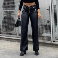 BUNO-pantalones ajustados de cuero PU con cremallera para mujer, ropa de calle informal Y2K para fiesta, pantalones de pierna recta de cintura alta, pantalones elegantes góticos 2025 - details 11
