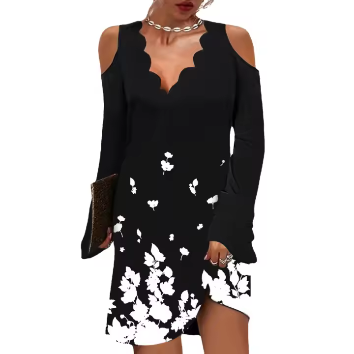 Vestido de manga larga para mujer, estampado retro, ropa de moda para mujer, cuello ondulado, cuello en V, hombros descubiertos - 1