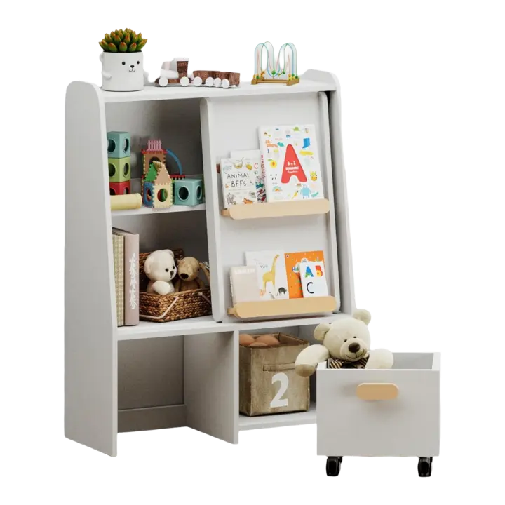 Estantería Infantil con Organizador de Juguetes Móvil y Amplio Almacenamiento para Juguetes - Librería Multifuncional con Repisa Abierta Grande y Puerta Corredera - 1
