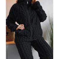 Conjunto De Pijamas De Dos Piezas Para Mujer, Conjunto De Top Y Pantalones De Manga Larga Con Cuello Levantado Texturizado De Jacquard Y Cremallera, Grueso Y Cálido, Otoño - details 1