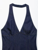 OUWU- Vestido vaquero con cuello halter para mujer 2025, cuello en V profundo, cintura ajustada, dobladillo acampanado para un estilo moderno y elegante. - details 3