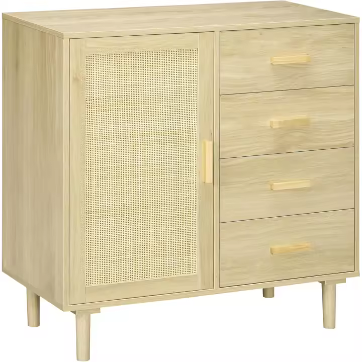 Estante de Salón Estilo Cannage Buffet de Cocina con Puerta de Ratán 4 Cajones y Patas de Madera de Pino Natural 80x38x80,5 cm - 1