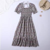 Vestido Midi Bohemio De Mujer Para Verano En Chiffón Con Cuello Cuadrado Y Manga Corta Vestido Casual De Playa Vacaciones Plegado A-Line - details 23