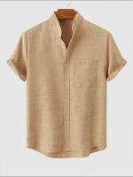 2024 Camisas de algodón para hombres, ropa de calle con textura de lino sólido, blusas de manga corta de verano, tops casuales con bolsillo frontal - details 6