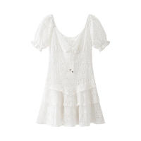 OUWU- Estilo Europeo Nueva Moda Mujer Todo Blanco Fósforo Hueco Bordado Cuello Cuadrado Corbata Pastel Falda Vestido De Manga Abombada - details 1