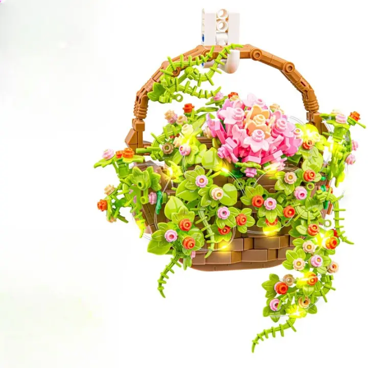 Conjunto de construcción de ramo de flores con luz LED, cesta de flores, plantas bonsái, decoración de pared de colección botánica, juguete de construcción creativo, regalo para adultos y niños (691 piezas) - 1