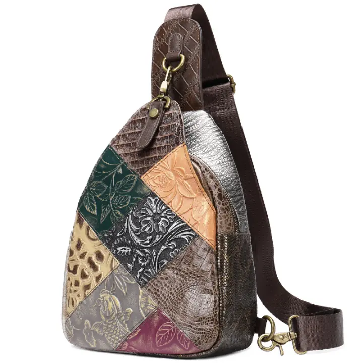 Bolso de pecho de cuero genuino de estilo étnico Niucunzh Bolso cruzado vintage para mujeres con capa superior de cuero de vaca y parches - 1