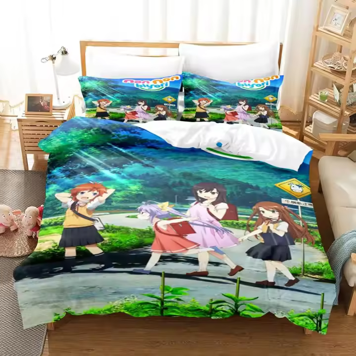 Juego de Ropa de Cama 3D Non Non Biyori Funda de Edredón Cubierta de Almohada Cojín de Confort para Hombres y Mujeres Tamaño Rey y Reina - 1