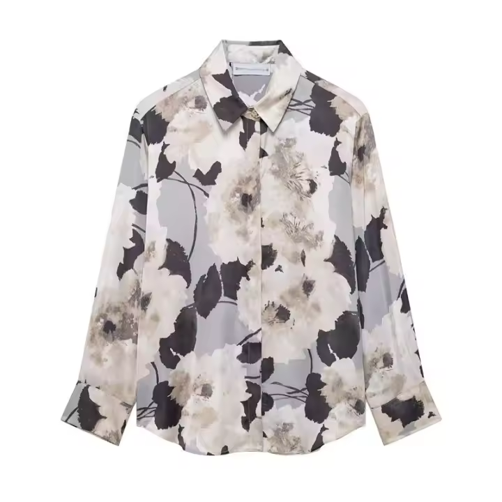 OUWU- Vintage Casual Chic Satén Mujer Traje Estampado De Flores Camisa De Manga Larga Falda Larga Nueva Moda 2025 Primavera Verano Conjuntos Sedosos - 1