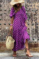 Vestido Elegante de Moda Vintage BUNO Mangas Abullonadas Largas Cuello en V Estampado Floral - details 8