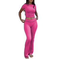 Jersey de cuello redondo, camiseta de manga corta, cintura alta, pantalones acampanados de yoga informales, conjunto deportivo - details 9