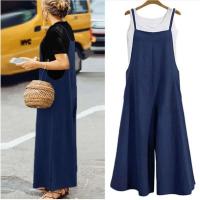 Mono sin mangas de verano para mujer, peto de pierna ancha liso, peto informal holgado de algodón con tirantes - details 3