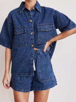 Trajes de verano para mujer, camisa de manga corta con botones de mezclilla de Color sólido y pantalones cortos elásticos, ropa de calle para discoteca, ropa de moda - details 2