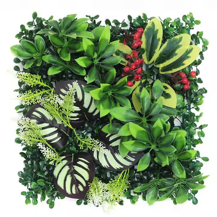 Panel de pared de plantas artificiales DIY, simulación realista duradera, hoja de planta de arce, verde, 25x25cm, estera de hierba verde falsa - 1