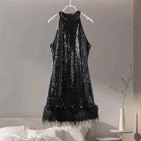 Elegante Vestido de Halter Moda Chic de Cintura Alta para Mujeres Paquete de Lentejuelas con Diseño de Plumas sin Mangas - details 6