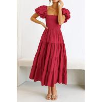 Vestido de manga corta fruncido con cuello cuadrado y espalda descubierta a la moda para mujer - details 16