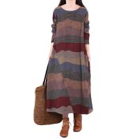 Jersey de manga larga con cuello redondo para mujer, vestido largo holgado a rayas con contraste de Color, ropa diaria para otoño e invierno - details 7